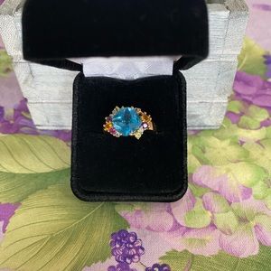 14k yellow gold blue topaz and multi gemstone ring